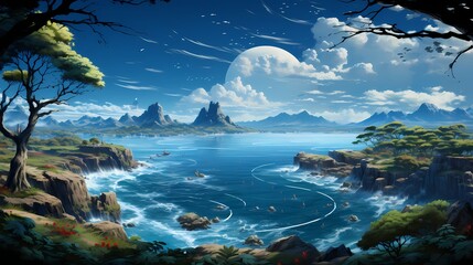 A panoramic view of a pristine cobalt blue ocean, with a distant island adding a touch of mystery