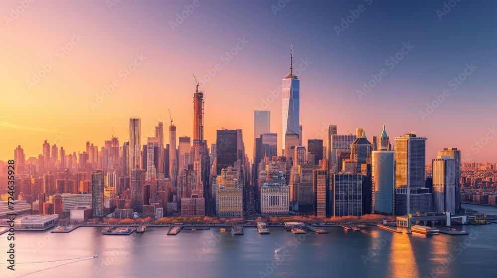 Wall mural New York City panorama skyline at sunrise. Manhattan office buildings / skysrcapers at the morning. New York City panoramatic shot.