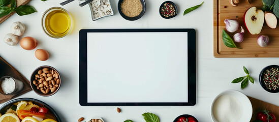 Top view food ingredients and digital tablet with blank screen on the white table. Template editable screen recipe.