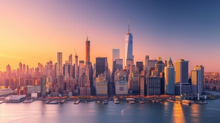 New York City panorama skyline at sunrise. Manhattan office buildings / skysrcapers at the morning....