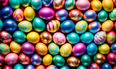 Fototapeta na wymiar Lots of beautiful Easter eggs. Selective focus.