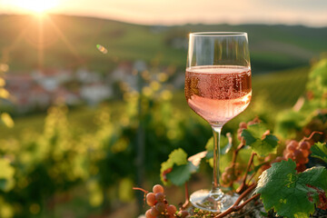 Rose wine glass on a vineyard ledge overlooking rows of grapevines - obrazy, fototapety, plakaty