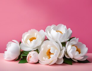 White bouquet of peonies on a pink background with copy space on top