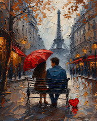 A couple in love sitting on a bench under a red umbrella overlooking the Eiffel Tower. Paris autumn cityscape oil painting. Love and travel. For Valentine's day. Romantic illustration for wallpaper