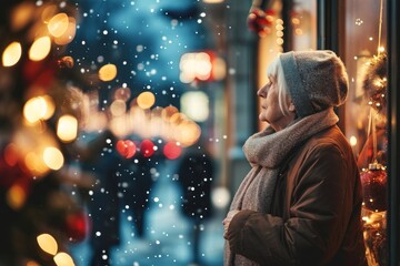 Fototapeta na wymiar Solitude, loneliness during Christmas. Elderly woman standing alone on city street, looking to festive store showcase. Woman feels lonely celebrating Christmas holiday without family, Generative AI 