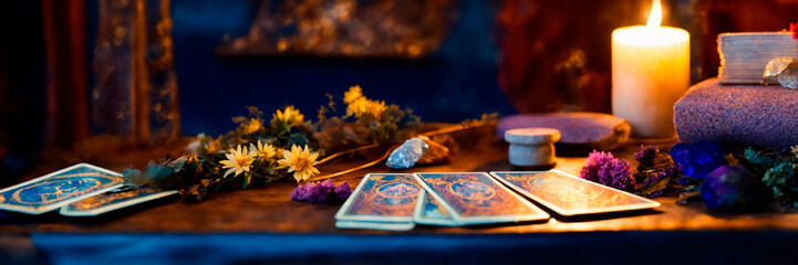 Accessories and candles for fortune telling on the table. Selective focus. - obrazy, fototapety, plakaty