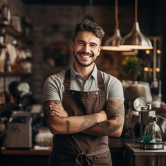 Fototapeta premium Smiling boy waiter serving in cafe