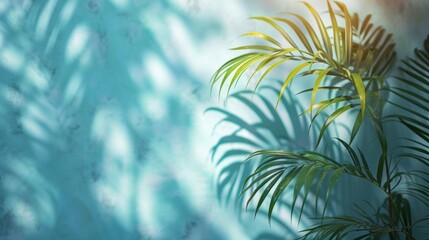 Fototapeta na wymiar light blue wall and blurred shadow from palm leaves