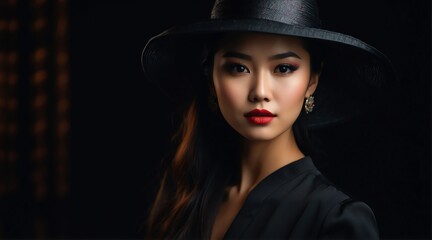 Portrait of a beautiful elegant asian woman wearing luxurious black hat on black background from Generative AI