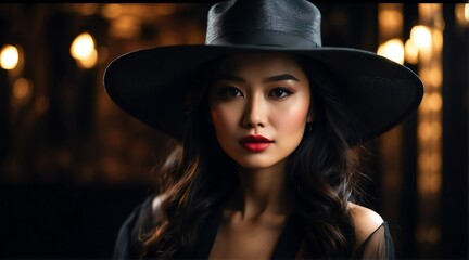 Obraz na płótnie Canvas Portrait of a beautiful elegant asian woman wearing luxurious black hat on black background from Generative AI