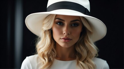 Portrait of a beautiful elegant blonde woman wearing luxurious white hat on black background from Generative AI