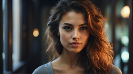 Fototapeta premium Portrait of a beautiful young woman staring at the camera from Generative AI