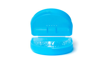Set of individual dental trays for whitening in blue container