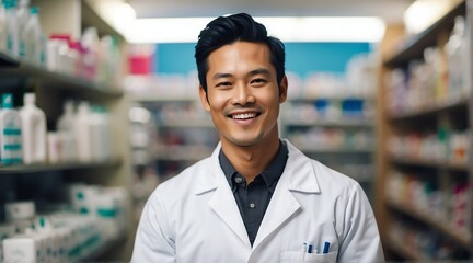 Naklejka premium Portrait of smiling happy asian male pharmacist on a drug store background from Generative AI