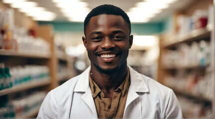 Fototapeta premium Portrait of smiling happy black african male pharmacist on a drug store background from Generative AI
