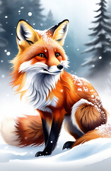 Fototapeta premium Close-up of a beautiful red fox against the backdrop of a snowy winter forest with a bushy tail. Wild forest animals. Watercolour style.