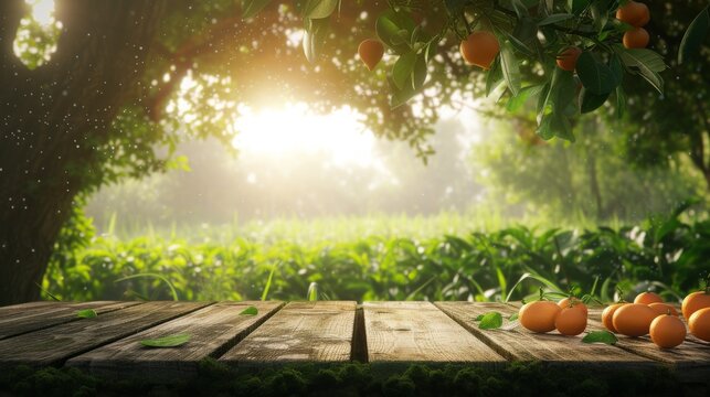 Tree Table wood Podium in farm display for food, perfume, and other products on nature background, Table in farm with orange tree and grass, Sunlight at morning