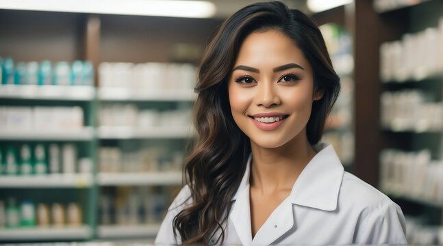 Portrait of smiling happy filipina female pharmacist on a drug store background from Generative AI