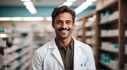 Portrait of smiling happy male pharmacist on a drug store background from Generative AI
