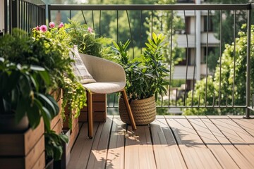 Fototapeta na wymiar Beautiful balcony or terrace with wooden floor, chair and green potted flowers plants. Cozy relaxing area at home. Sunny stylish balcony terrace in the, Generative AI 