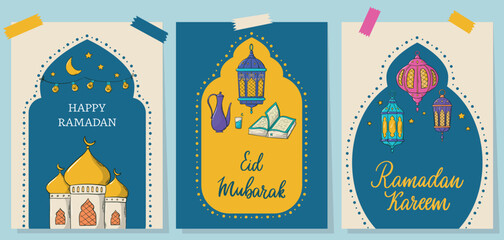 Ramadan cards, posters, banners, invitations, prints with lettering quotes and doodles. Islamic holidays theme. EPS 10