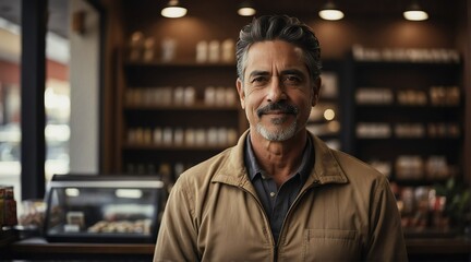 Fototapeta premium Portrait of store owner male business owner in front of store from Generative AI