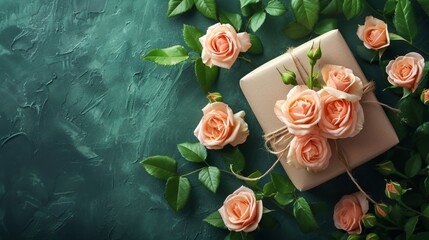 Luxury Gift Box with Roses on a Green Background