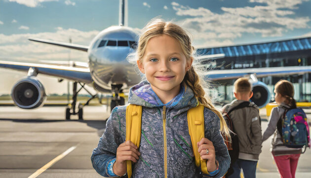 Dziewczynka wybierająca się w podr&oacute;ż samolotem. Wakacje, odpoczynek, przygoda