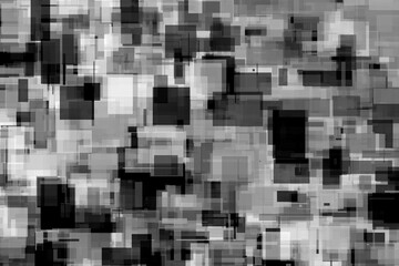 Abstrakcyjna geometryczna grafika w biało czarnej kolorystyce. Mozaika kwadratów i prostokątów, graficzna tekstura, tło