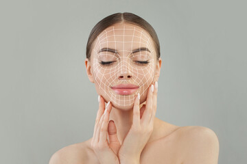 Nice woman. Face lift anti-aging lines on young female face. Graphic lines showing facial lifting...