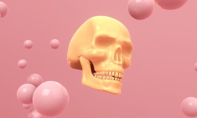 3d rendering picture of Glossy Skull on pink background with floating bubbles. Abstract wallpaper. Dynamic wallpaper. Modern cover design. 3D illustration.