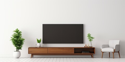 Minimalistic living room interior with a white wall background and TV cabinet.