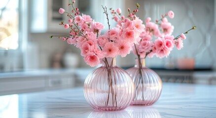 glass vases with pink flowers sitting on a kitchen island