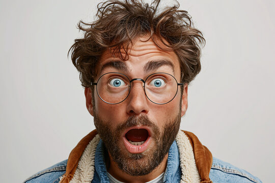 Shocked man with glasses and tousled hair looking amazed