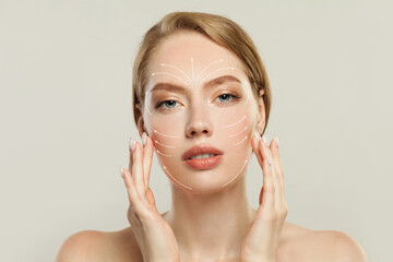 Massage lines woman face. Plastic surgery woman beauty portrait
