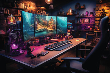 Powerful Personal Computer Gamer Rig with First-Person Shooter Game on Screen. Monitor Stands on the Table at Home. Cozy Room with Modern Design is Lit with Warm and Neon Light. - obrazy, fototapety, plakaty
