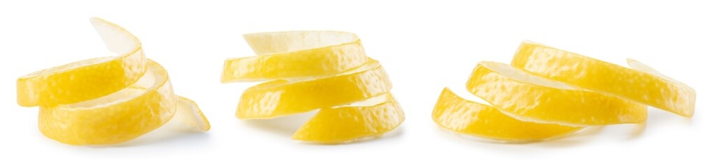 Lemon twisted peel isolated. Lemon fruit zest on white background. Citrus zest. Lemons isolated....