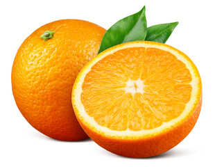 Orange half isolated. Orange with slice and leaves on white background. Orange fruit with clipping path. Full depth of field.