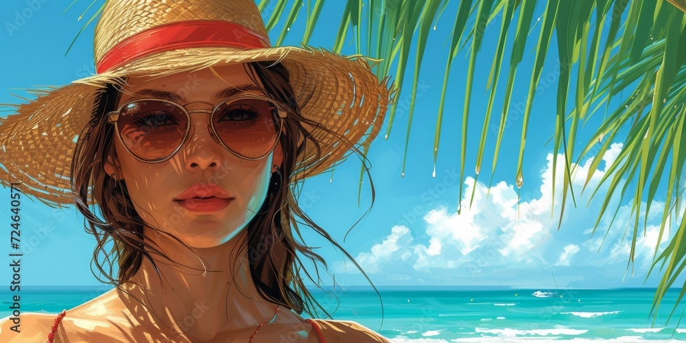 Wall mural young woman in hat enjoys a summer vacation on a tropical beach paradise.