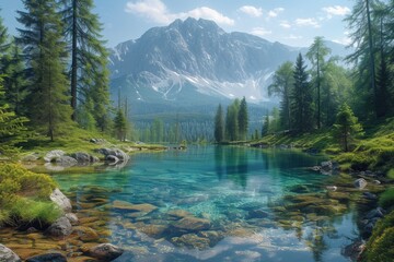 A serene mountain lake, offering a picturesque summer landscape with turquoise waters and lush greenery.