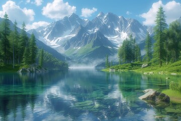 Fototapeta na wymiar Mysterious morning mist envelops serene mountain lake, creating an ethereal and calming atmosphere in the wilderness