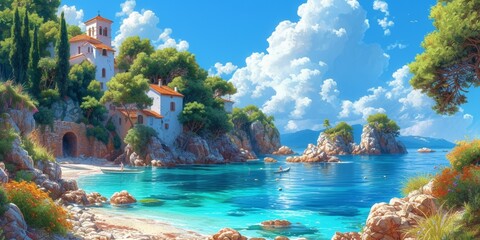 A scenic coastal landscape, combining turquoise waters, charming towns, and vibrant greenery across various European destinations. - obrazy, fototapety, plakaty
