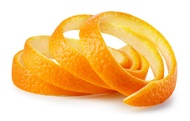 Orange twisted peel isolated. Orange fruit zest on white background. Citrus zest. Orange isolated. With clipping path. Full depth of field. - 724640544