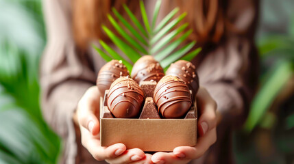 Easter composition with female hands hold craft gift box of artisanal chocolate Easter eggs, symbol...