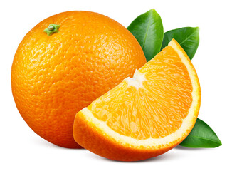 Orange slice isolated. Orange with slice and leaves on white background. Orange fruit with clipping path. Full depth of field. - 724641105