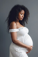 A pregnant African American woman in a white dress holds her belly on a solid gray background.