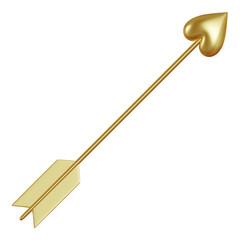 Golden Arrow pointing right up, the tip in form of heart. Valentines day card. Realistic 3d Icon isolated on white background. Vector illustration