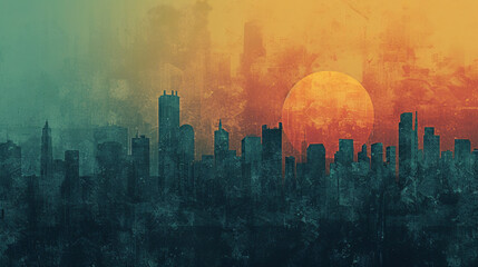 A cityscape with the sky is a gradient of orange and yellow, with a large white moon in the center.