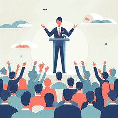 flat vector illustration of a person giving a speech in front of a large crowd. simple and minimalist - obrazy, fototapety, plakaty