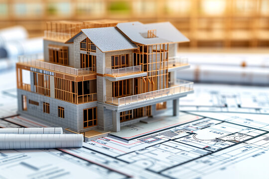 Model house on blueprints with warm bokeh background